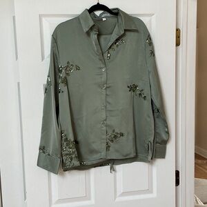 Zara Olive Green Embroidered Blouse and pant set